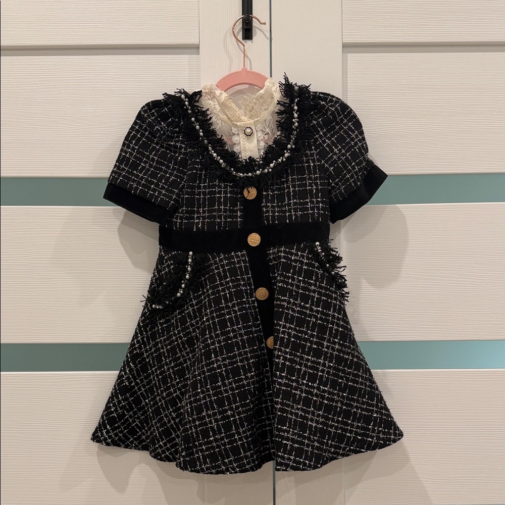 Girls' Black Tweed Lace-Collar Formal Dress with Gold Buttons